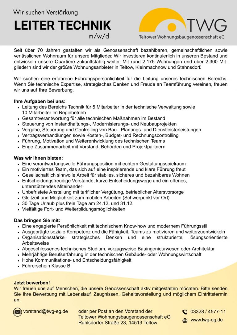 Stellenausschreibung Leiter Technik